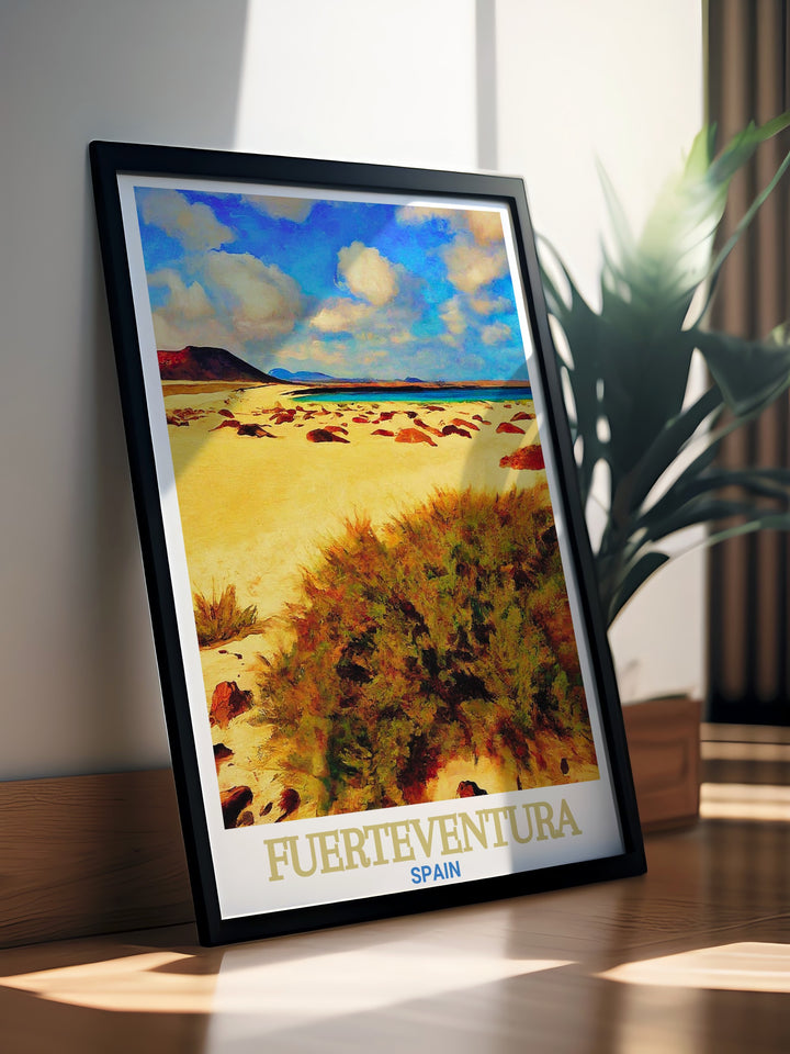 Fuerteventura art print showcasing Corralejo Natural Park, a must have for those who appreciate the natural beauty of Spain. The poster captures the wild charm of the Canary Islands and is perfect for home living decor or as a travel gift.