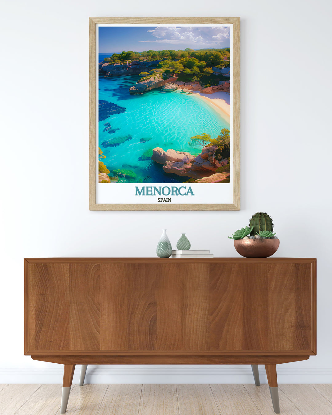 Cala Macarella artwork highlighting the tranquil beach scene of Menorca with its crystal clear waters and picturesque surroundings ideal for Spain travel art and stunning wall decor.