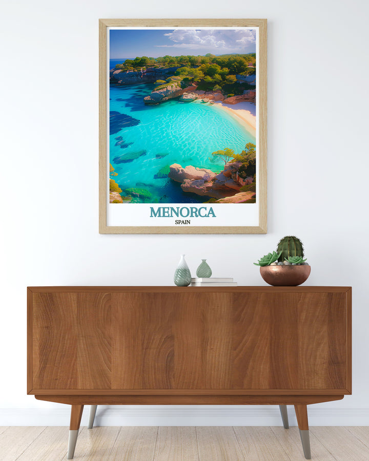 Cala Macarella artwork highlighting the tranquil beach scene of Menorca with its crystal clear waters and picturesque surroundings ideal for Spain travel art and stunning wall decor.