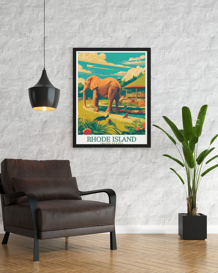 A beautifully detailed travel poster print featuring Roger Williams Park Zoo in Rhode Island, capturing the natural beauty and wildlife of one of the oldest zoos in the United States. Perfect for nature enthusiasts and travelers, this print brings a touch of Rhode Islands outdoor charm to your home or office decor.