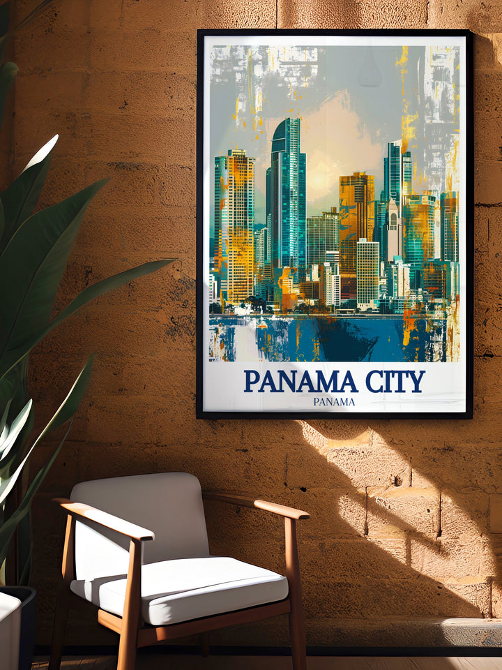 Panama Canal Panama City skyline modern art prints designed to complement your beach house decor and add a coastal touch to any room