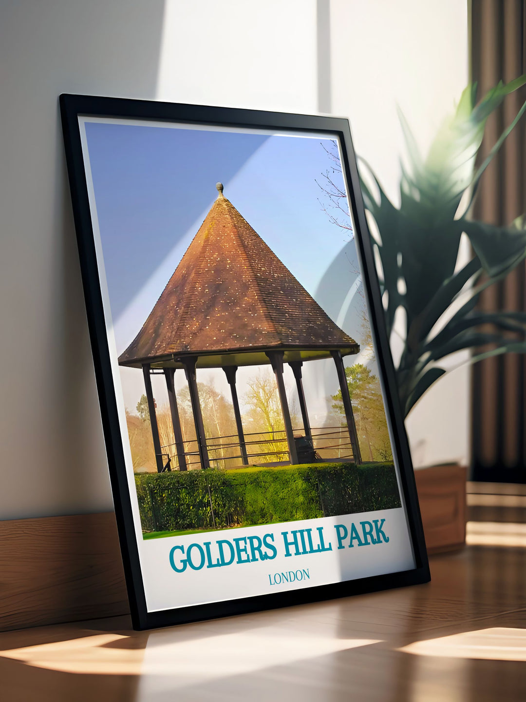 A vibrant art print depicting the lush greenery and the iconic bandstand of Golders Hill Park, showcasing its serene beauty and historical charm, perfect for nature lovers and London enthusiasts.