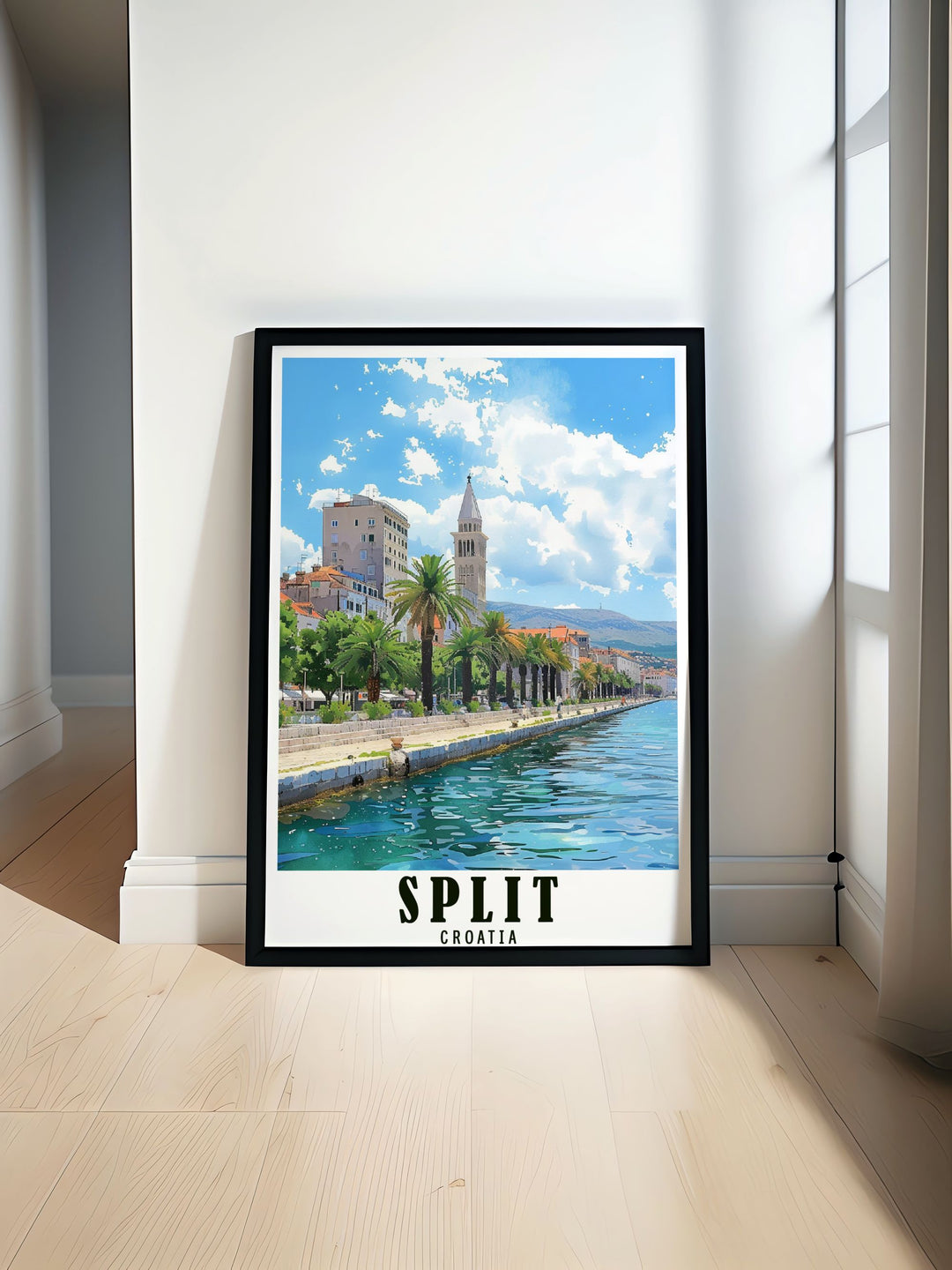 Featuring the majestic Riva Promenade, this poster celebrates the unique blend of history and coastal beauty in Split, inviting viewers to explore the citys iconic sites and vibrant atmosphere.