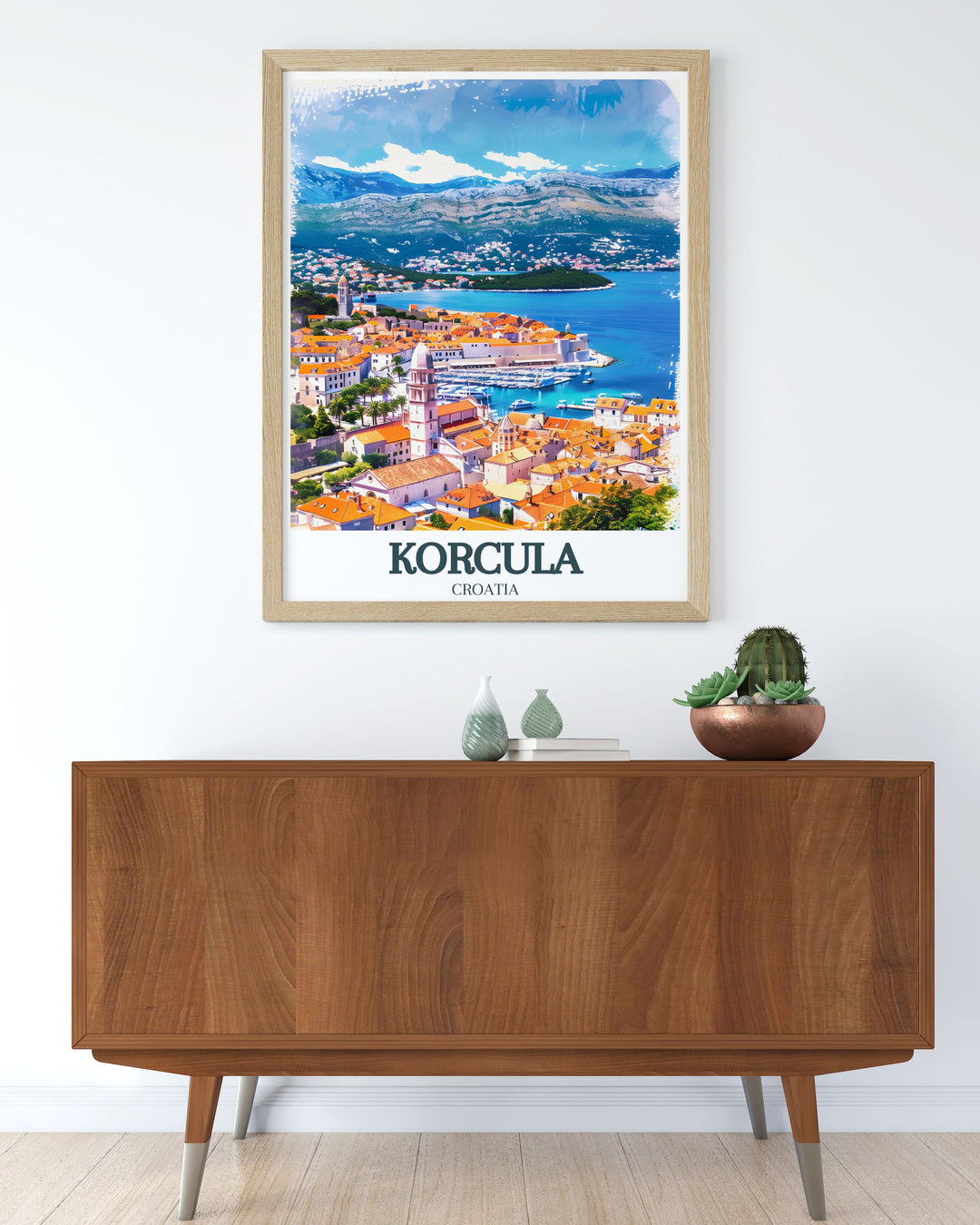 Elegant Korcula poster displaying St. Marks Cathedral and Adriatic Sea brings the beauty of Croatia into your home. This wall art is ideal for anyone looking to add a touch of sophistication to their living space or a thoughtful gift for travel enthusiasts.