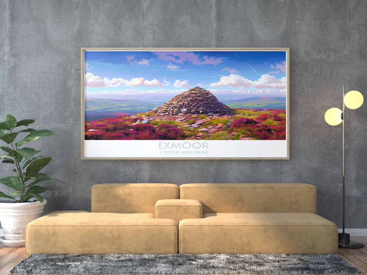 Dunkery Beacon and Exmoor National Park wall art captures the beauty of the English countryside in a retro travel poster style ideal for decorating your living space with elegant and timeless prints that reflect the spirit of adventure and exploration.