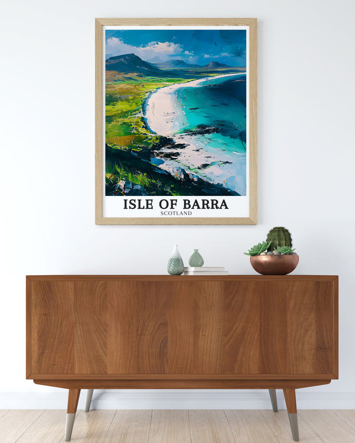 This Isle of Barra wall art highlights the charm of Vatersay Beach and the surrounding landscapes of Scotlands Outer Hebrides. Featuring crystal clear waters and striking natural scenery, this poster is an ideal addition to homes that appreciate coastal beauty and adventure.