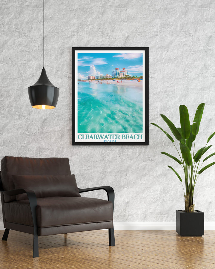 Beautiful Clearwater Beach artwork designed to capture the tropical feel of Florida. Ideal for living room decor or as a thoughtful travel gift. This stunning print brings the essence of Clearwater Beachs coastal charm into your home.