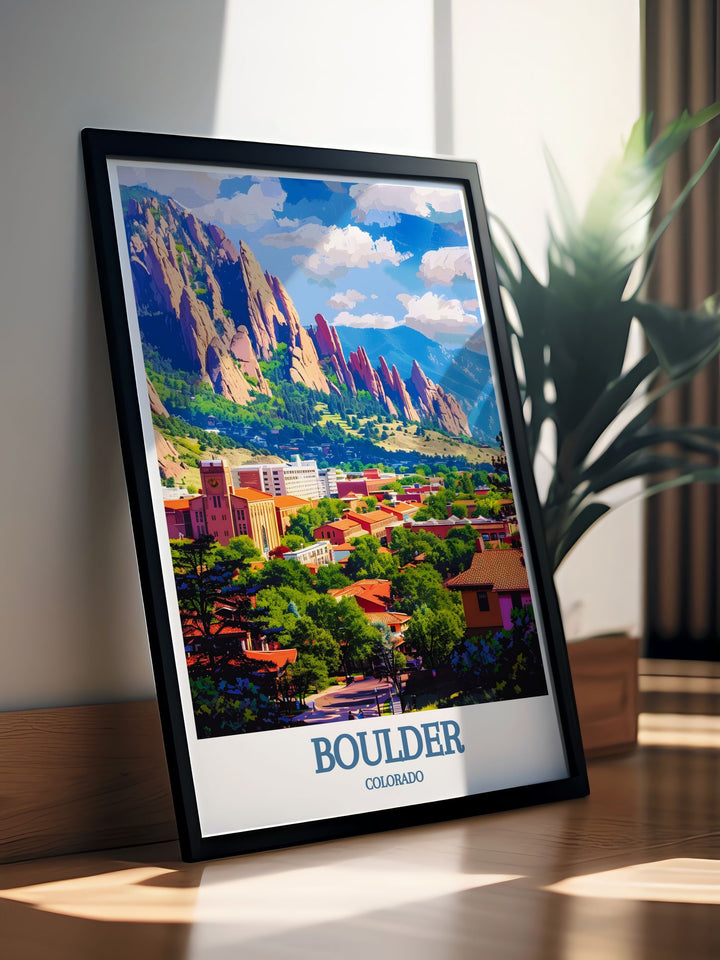 Travel poster of Boulder, Colorado, highlighting the breathtaking Flatirons, a must have piece for anyone who loves the great outdoors and wants to bring the beauty of Colorados landscapes into their home.