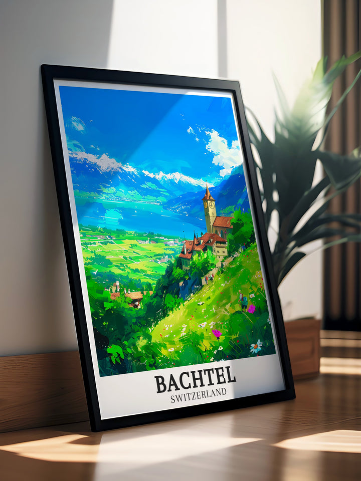 Breathtaking travel poster of Bachtel with views of the Swiss Alps and Lake Zurich. Capturing the serene landscapes and majestic mountains of this iconic Swiss landmark. Perfect addition to any home decor. High quality print with vibrant colors and intricate details.