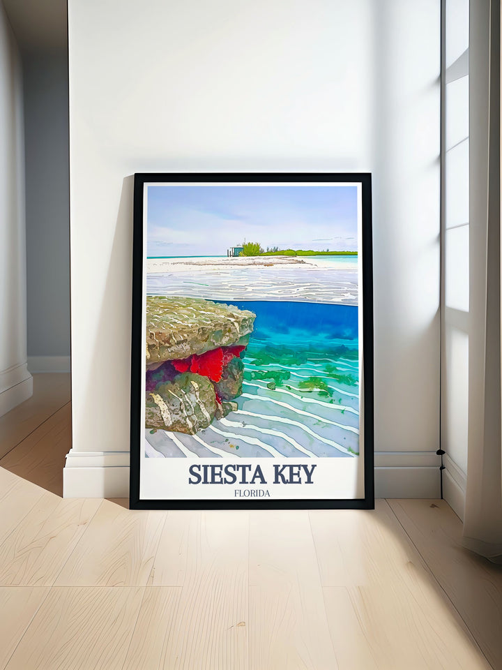 Point of Rocks Siesta Beach modern print featuring the stunning beauty of Floridas coastline with vibrant blue waters and white sands ideal for Florida wall art and decor.