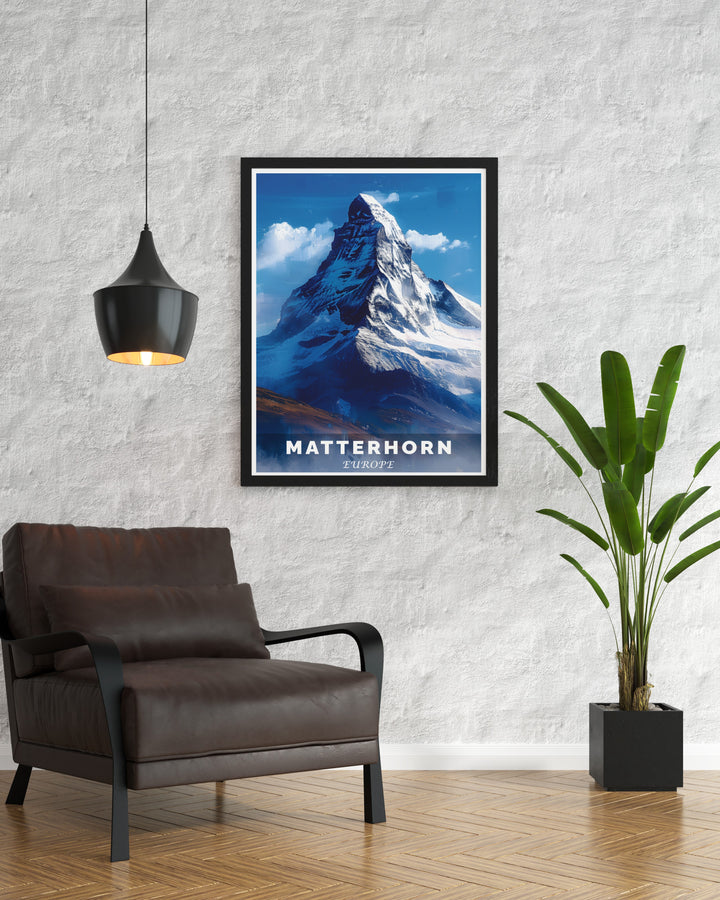 Mountain Modern Artwork of the Matterhorn with intricate details and vibrant colors ideal for elegant home decor and snowboarding enthusiasts