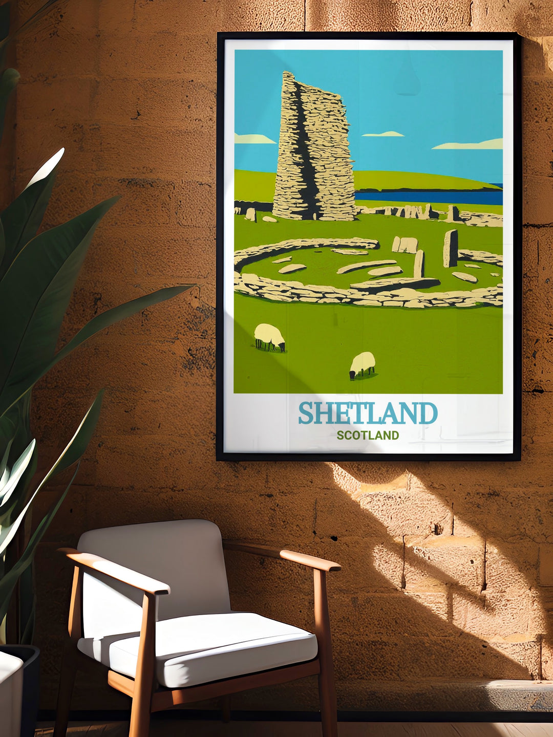 A detailed Travel Poster of Shetlands Jarlshof Settlement, celebrating the deep history and wild beauty of Scotlands Shetland Islands. The print features the ancient ruins set against a backdrop of rugged coastline, making it a striking piece for any lover of Scottish history and art.