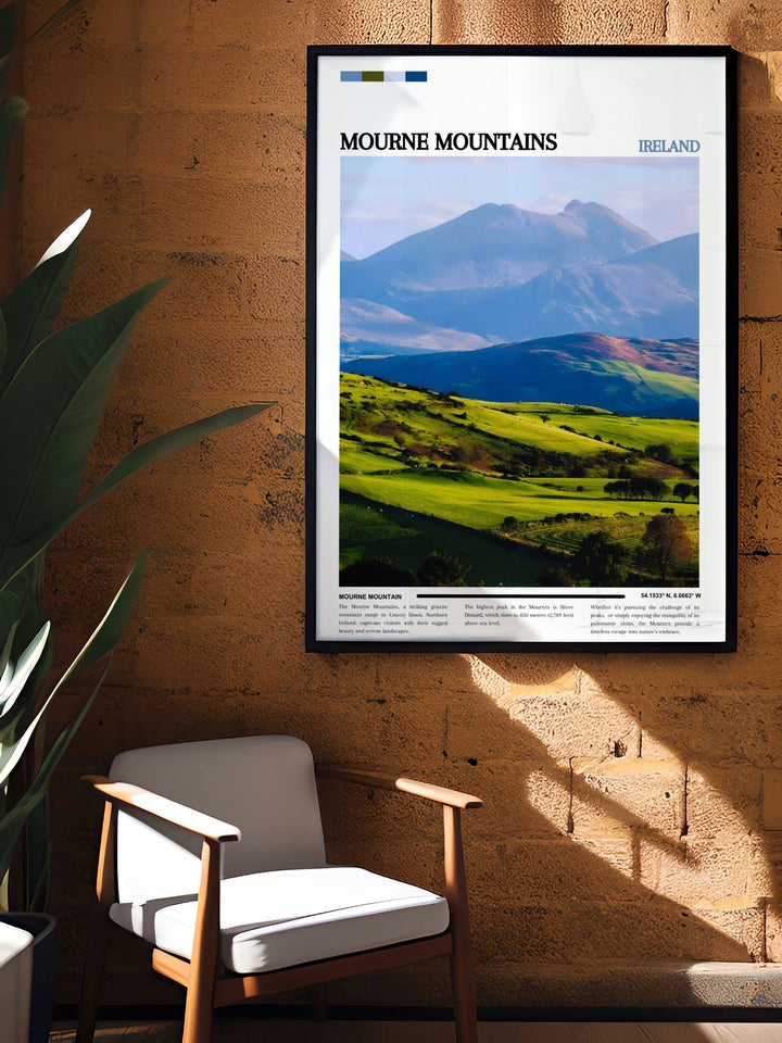 Elevate your decor with this stunning Mourne Mountains poster featuring the serene landscapes of Northern Ireland from the rolling hills to dramatic peaks ideal for those who love the outdoors and natural beauty.