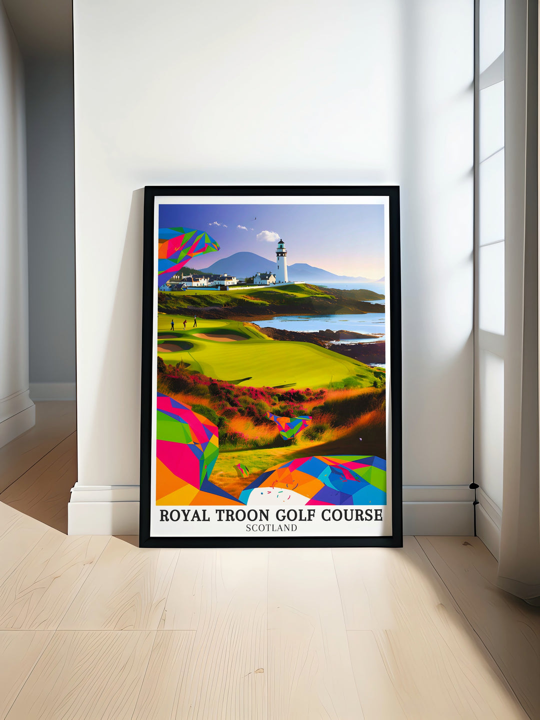 Royal Troon golf course print featuring the Ayrshire coastline and the Isle of Arran perfect for golf lovers golf clubs or as a gift for golfers captures the scenic beauty of Scottish golf courses including Royal Dornoch and Augusta National