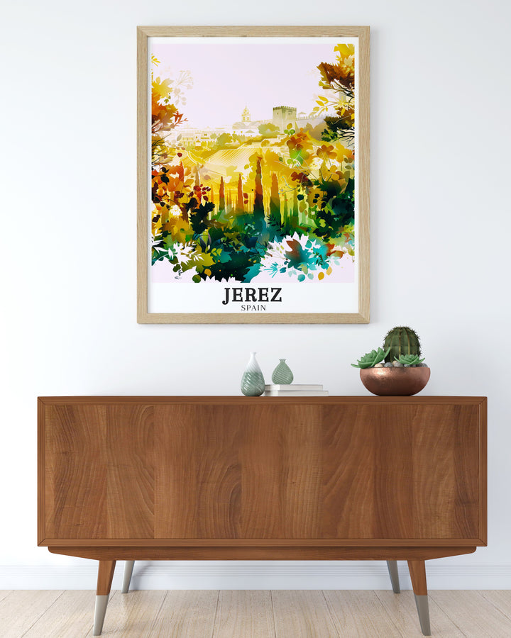 Jerez travel poster highlighting the famous Sherry Triangle, known for its wine production and cultural significance. This art piece brings together the beauty of the Alcázar fortress and Jerezs rich history, making it perfect for lovers of Spanish heritage and tradition.