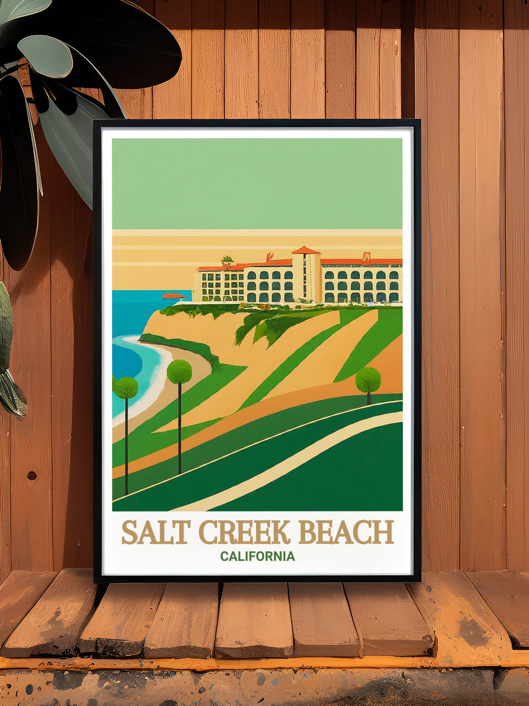 A serene view of Salt Creek Beach at sunset with the Ritz Carlton Laguna Niguel in the background, captured in this California print. The gentle waves, warm colors, and iconic hotel create a perfect representation of Southern Californias coastal beauty.