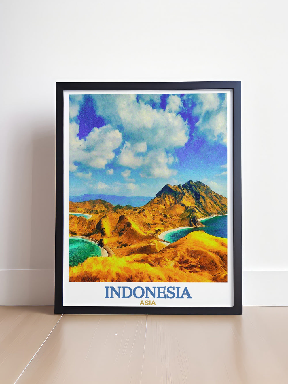 Indonesia travel poster showcasing the beauty of Komodo National Park and Bali. This artwork features the rugged landscapes of Komodo alongside Balis serene beaches, making it a perfect addition to your home décor or a thoughtful travel gift.