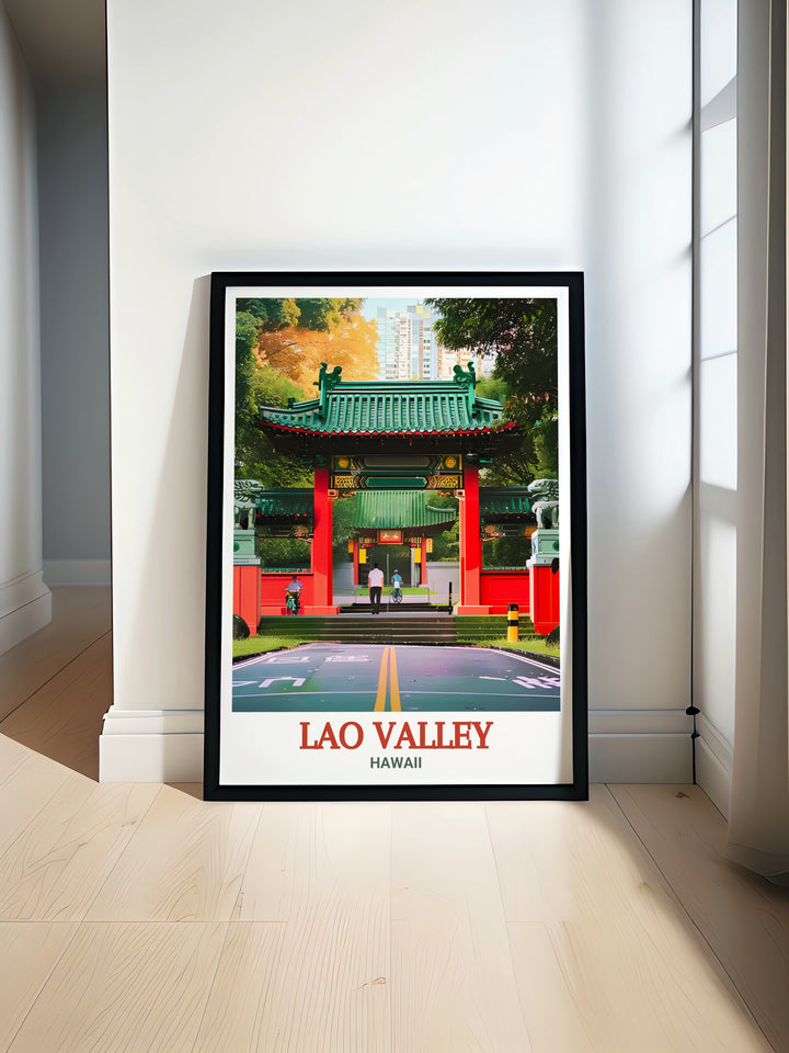 Celebrate Hawaiis stunning landscapes with this travel poster featuring Lao Valley. The artwork highlights the valleys rich greenery and towering cliffs, making it a perfect piece for those who wish to bring a touch of Hawaiian paradise into their living space.