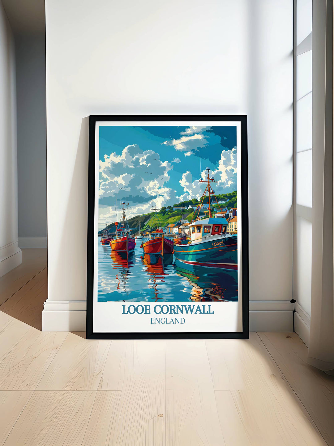 Looe Harbor Modern print showcasing the charming coastal view of Looe Harbor with classic vintage style and elegant home decor appeal.