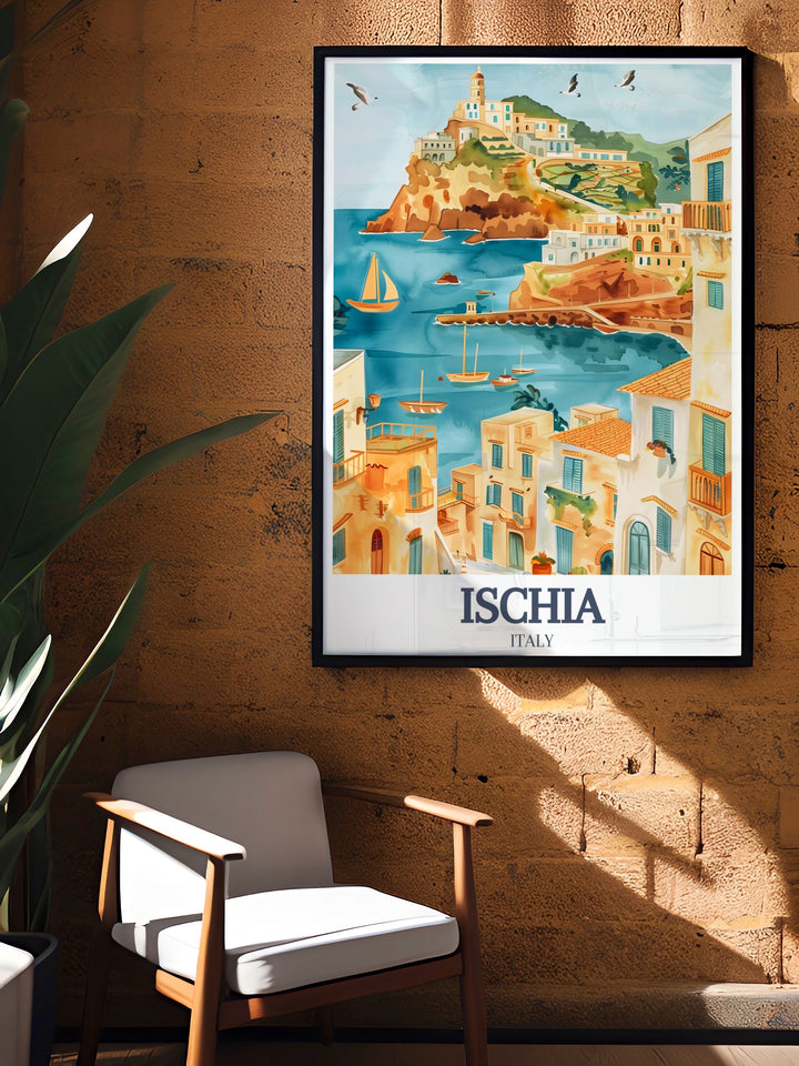 A colorful Ischia print featuring the picturesque SantAngelo and Ischia Ponte. This travel poster is perfect for adding a Mediterranean touch to your décor or as a thoughtful gift for anyone who loves Italys coastal charm and fine line artwork.