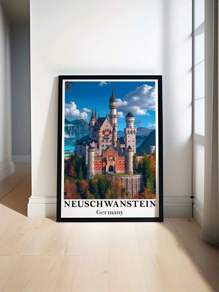 Beautiful Neuschwanstein Castle travel poster showcasing the timeless beauty and grandeur of this iconic castle. Perfect for history buffs and art lovers, this fine line print captures intricate architectural details.