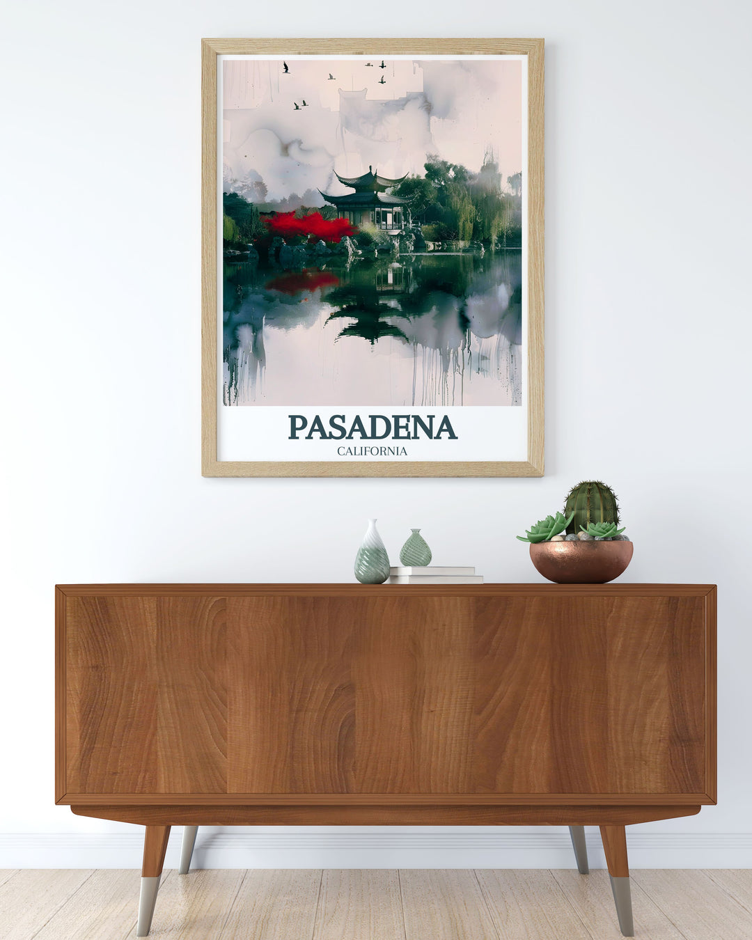 Pasadena art print highlighting the intricate design of the Huntington Library and Botanical Gardens Liu Fang Yuan Chinese Garden. A perfect addition to any sophisticated home decor