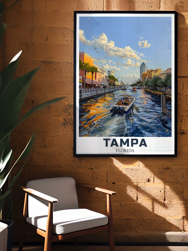 Tampa Poster Print showcasing the vibrant city skyline and the famous Tampa Riverwalk. This Florida canvas art is perfect for adding a coastal and urban touch to your home décor. The vintage inspired travel poster brings out Tampas charm, making it an ideal gift for birthdays, anniversaries, or Christmas.