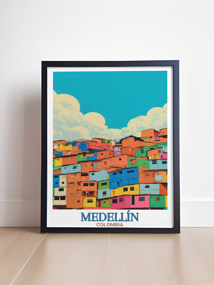 This Medellín Travel Print captures the vibrant energy of Colombias cultural hub, showcasing the stunning street art of Comuna 13. Perfect for travelers and art lovers, this framed print adds a colorful touch to any space.