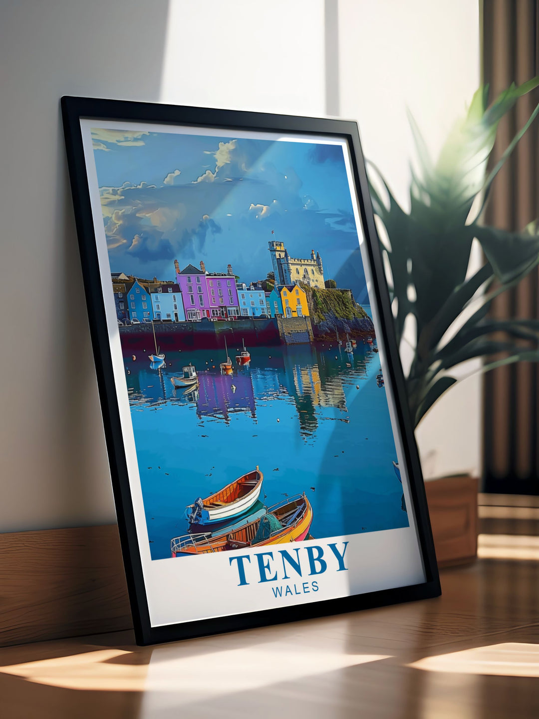 Tenby Harbour framed print showcasing the natural beauty of the Pembrokeshire Coast in South Wales. Ideal for enhancing your living room or office with a retro travel theme this piece is perfect for those who love coastal decor.