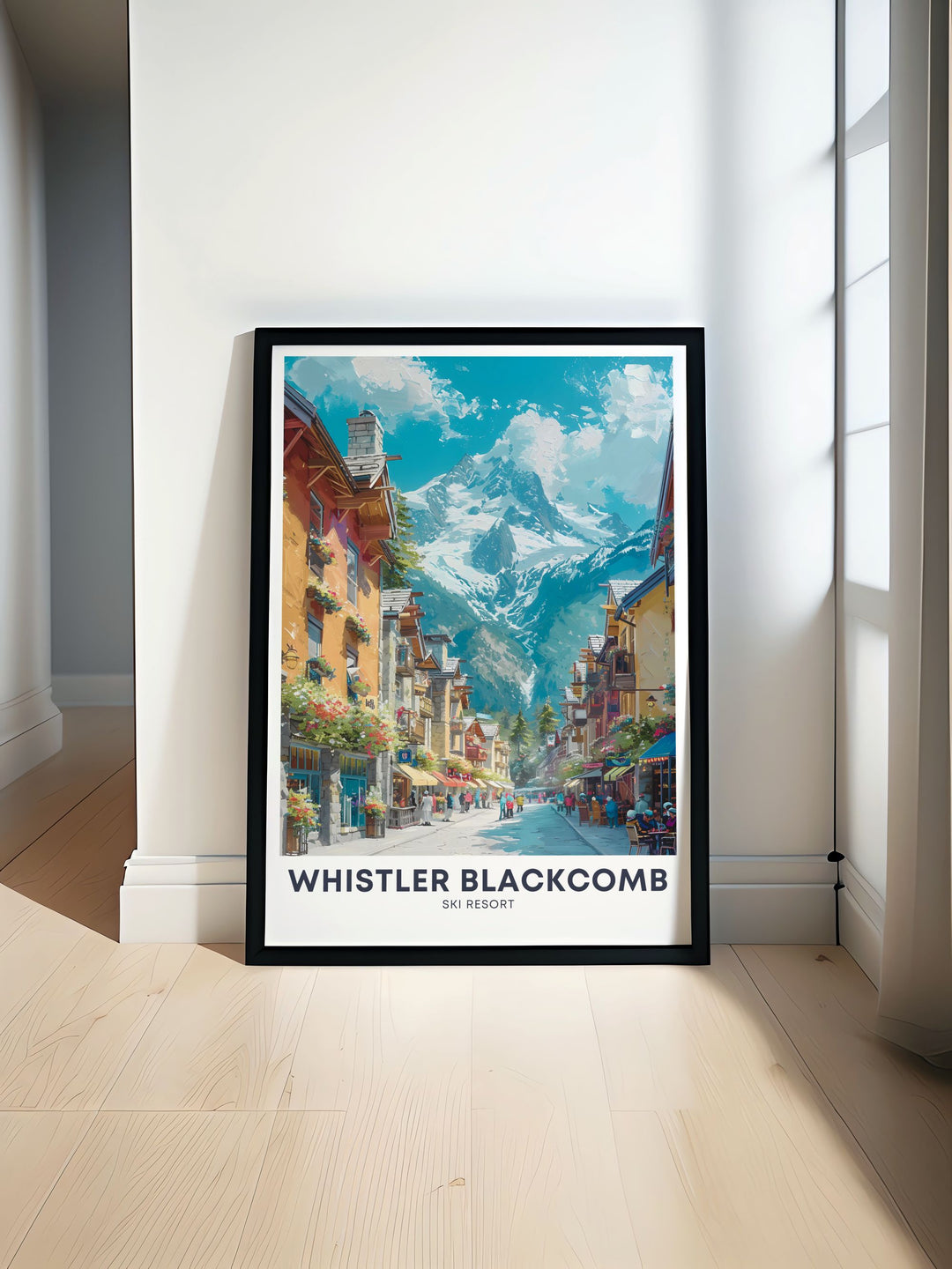 Whistler village travel poster featuring the vibrant energy and picturesque scenes of Whistler Blackcomb in British Columbia BC. Perfect for ski enthusiasts and winter sports lovers looking to enhance their home decor with unique and captivating wall art.