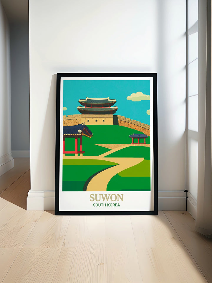 Suwons iconic Hwaseong Fortress is the focus of this South Korea travel poster, offering a beautiful representation of the countrys historical architecture. The print makes a wonderful addition to any art collection or home décor.