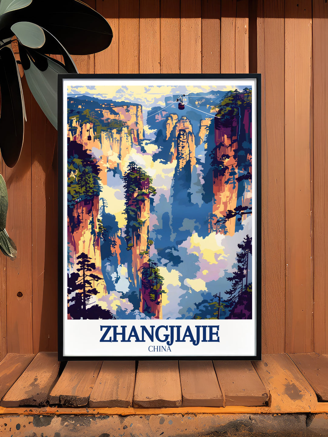 Tianmen Mountain Cable Car in Zhangjiajie is showcased in this wall art, offering breathtaking views from high above the stunning landscape. Ideal for adventure seekers and those with a love for travel, this poster captures the awe inspiring journey of riding the worlds longest cable car.