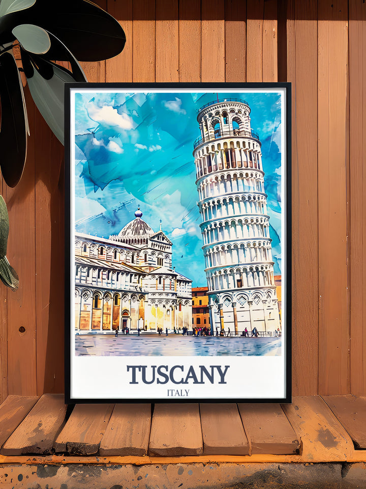 This Tuscany travel poster showcases the picturesque Leaning Tower of Pisa and the surrounding Piazza dei Miracoli. Perfect for anniversary gifts, birthday presents, or a striking addition to your personal art collection.