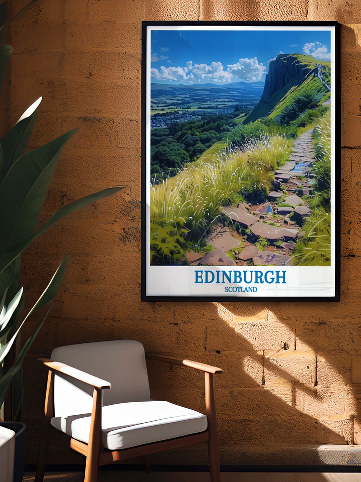 Travel poster highlighting the breathtaking views from Arthurs Seat, offering a majestic perspective of Edinburghs landscape and history.