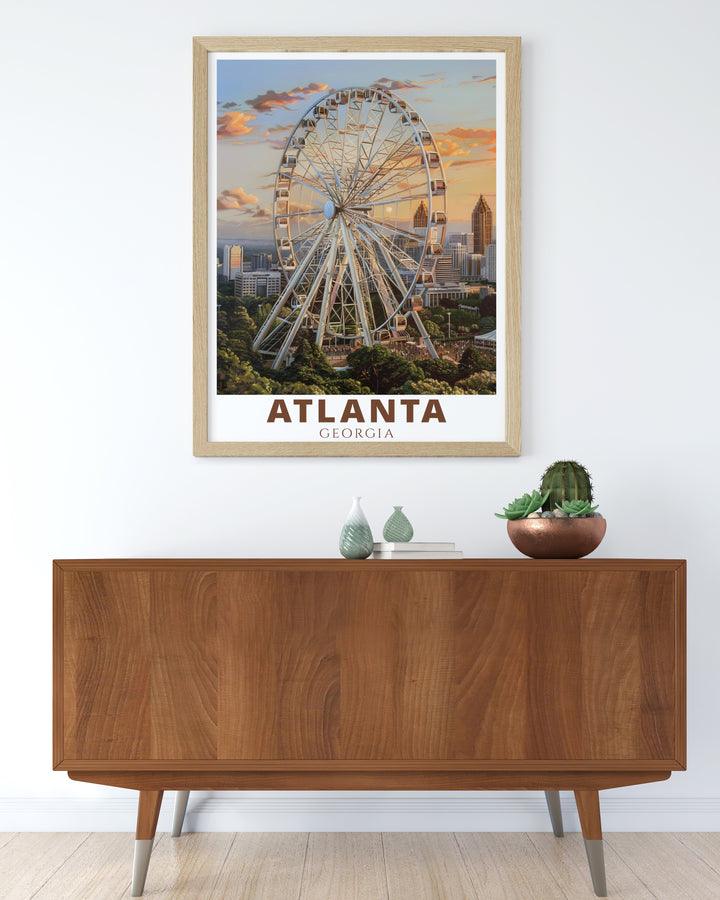 SkyView Ferris Wheel modern decor print brings Atlantas skyline to life. This Atlanta travel print is the perfect choice for anyone looking to add stunning wall art to their home. Ideal for gifts and a great addition to any art collection.