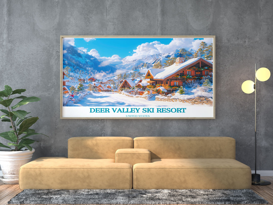 Deer Valley Ski Resort Poster featuring an elegant depiction of skiing and snow covered peaks perfect for a luxury lodge setting.