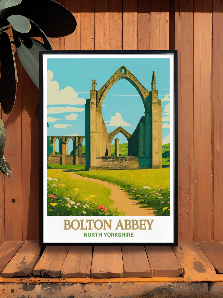 Bolton Priory Ruins art piece depicting the iconic ruins of Bolton Abbey set within the stunning Yorkshire Dales an excellent choice for those who appreciate North Yorkshire art and the tranquility of UK travel destinations.