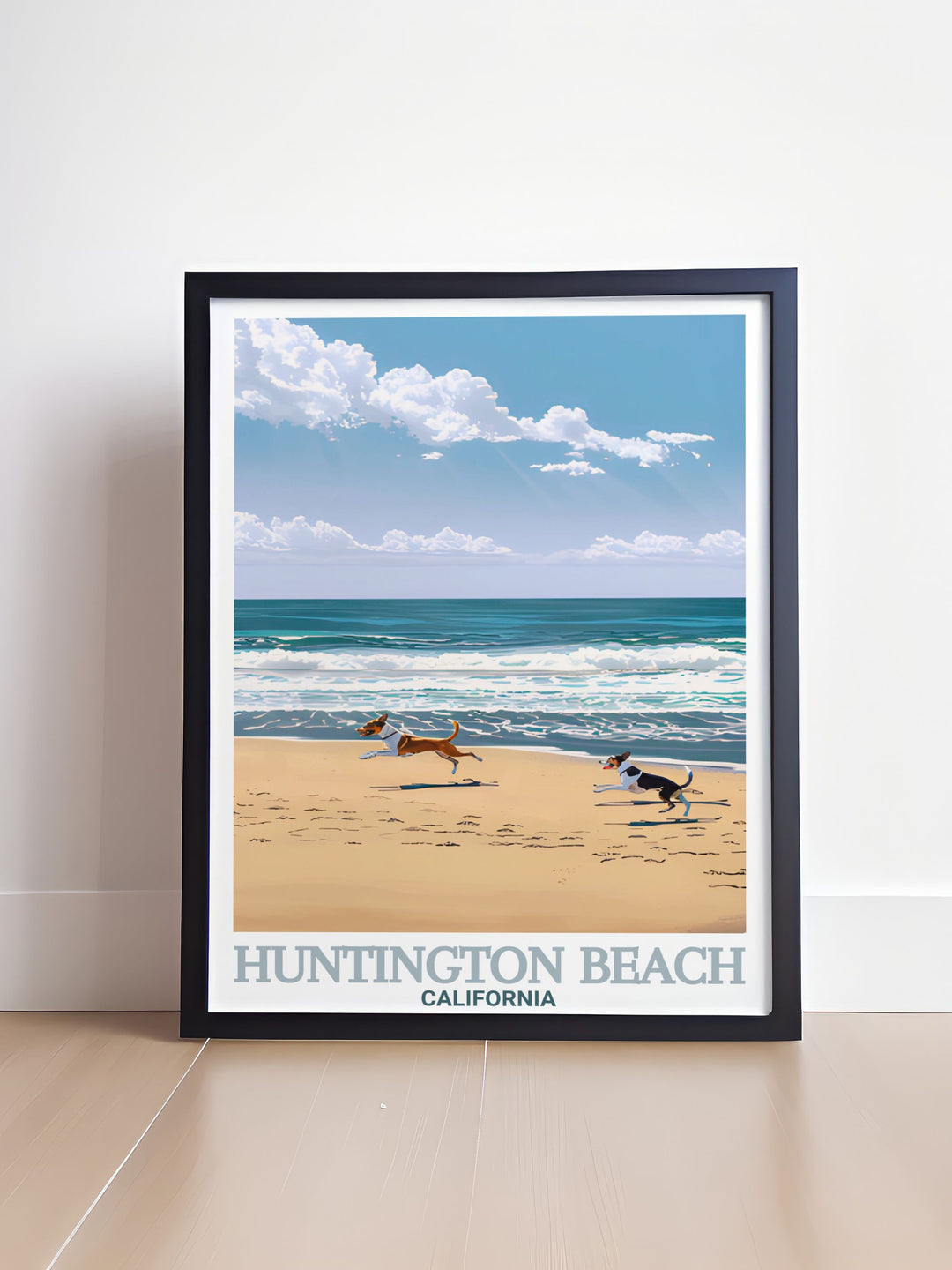 Huntington Beach and Huntington Dog Beach come to life in this colorful travel print. Perfect for those who love the beach, this piece captures the essence of Californias laid back surf culture with vivid imagery that makes a statement in any space.