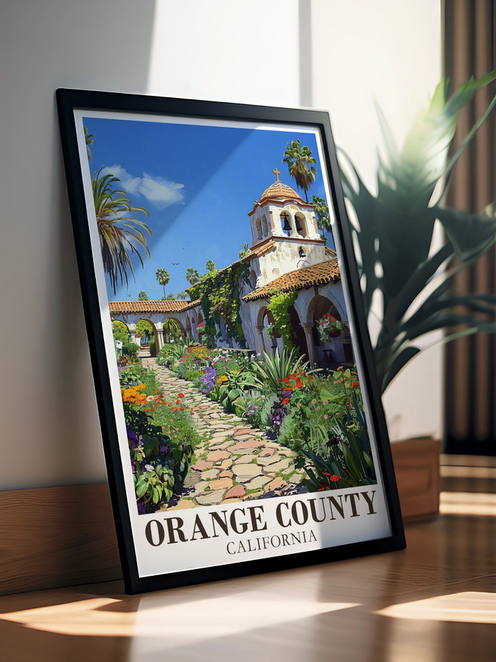 Orange County travel art print featuring the historic Mission San Juan Capistrano, along with the vibrant beauty of Californias landscapes. This poster captures the essence of Orange Countys unique blend of history and nature, making it a perfect addition to any home. Available in framed or digital download options.