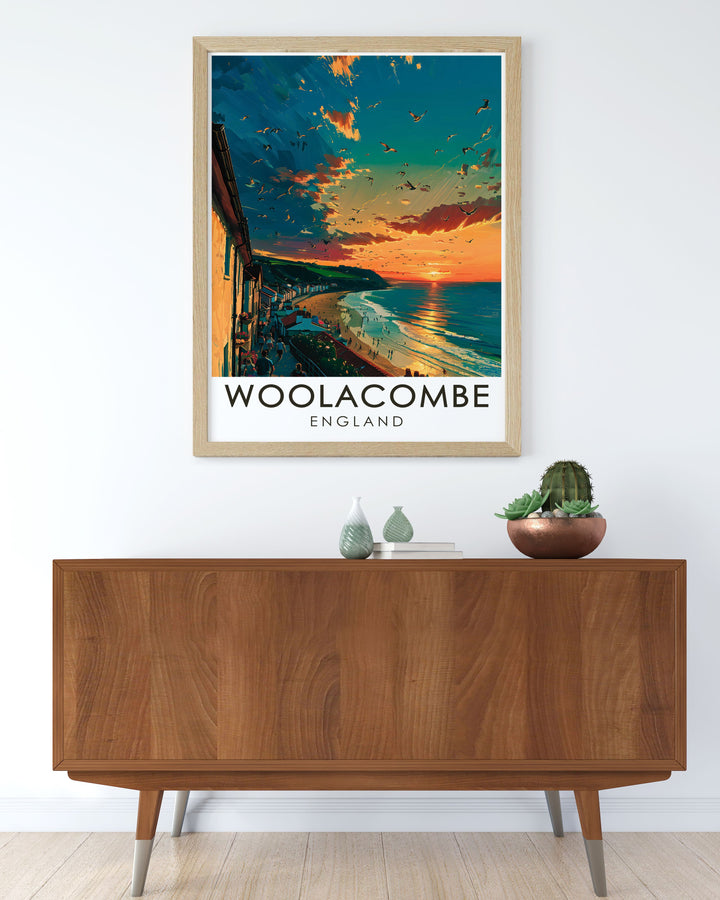 Elegant Woolacombe Esplanade wall art featuring the serene coastal scene of Devon perfect for living room or bedroom decor a unique and thoughtful gift for birthdays or special occasions