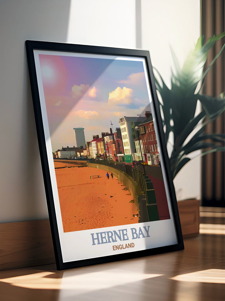 Herne Bays beach and seaside charm come to life in this vibrant Kent wall art. Featuring the towns famous beach huts and calm waters, this travel print celebrates the classic beauty of British seaside towns, perfect for any coastal themed home décor.