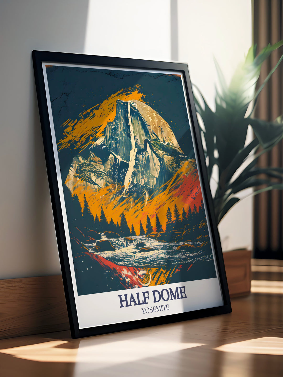 Experience the majesty of Yosemite National Park with this travel print showcasing Half Dome and Yosemite Falls. Ideal for home decor, this artwork brings the natural beauty of Californias wilderness into your space. Great for nature lovers and adventurers.