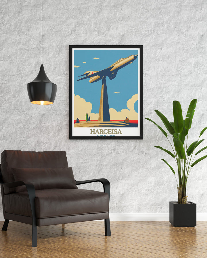 This Hargeisa poster print showcases the MIG Jet Monument, a symbol of Somalilands resilience and history. Perfect for lovers of African heritage and unique landmarks, this travel print blends bold design with a rich color palette, ideal for home décor.