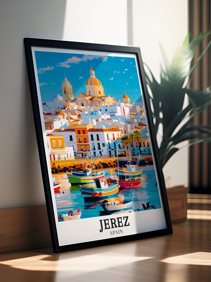 Jerez de la Frontera travel print illustrating the iconic cathedral and surrounding Andalusian scenery. This wall art is perfect for adding a touch of Spanish charm to your space, celebrating the beauty and culture of one of Spains most historic cities.