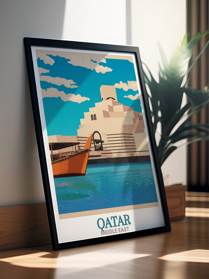 Travel print of Qatars Museum of Islamic Art. This fine line art showcases the stunning blend of modern and traditional design, offering a unique perspective on one of the Middle Easts most iconic cultural landmarks.