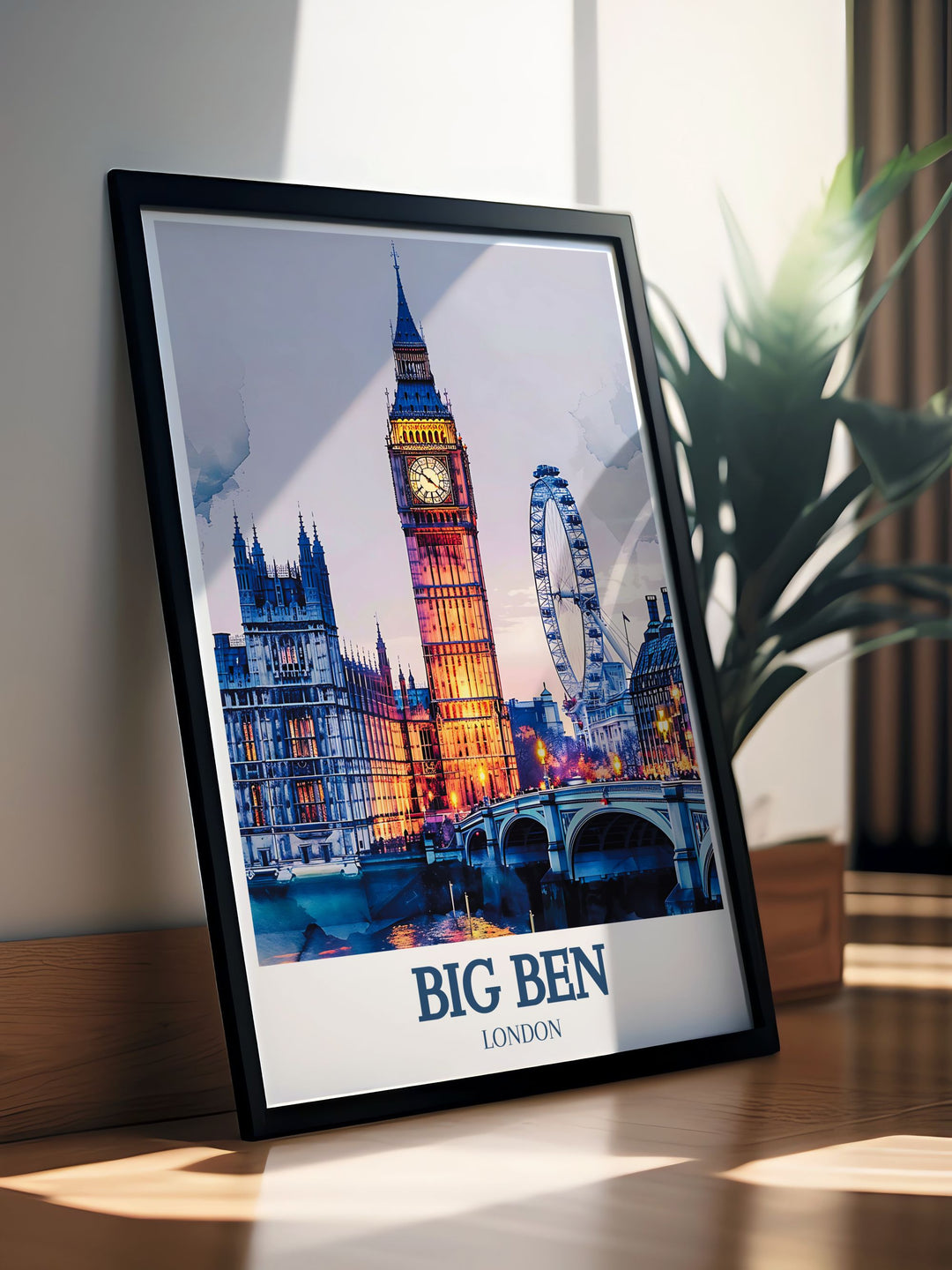 Detailed digital download of Londons Big Ben, the Houses of Parliament, and the London Eye, ideal for any art collection or as a memorable travel keepsake. Enhances your home with Londons historic charm.