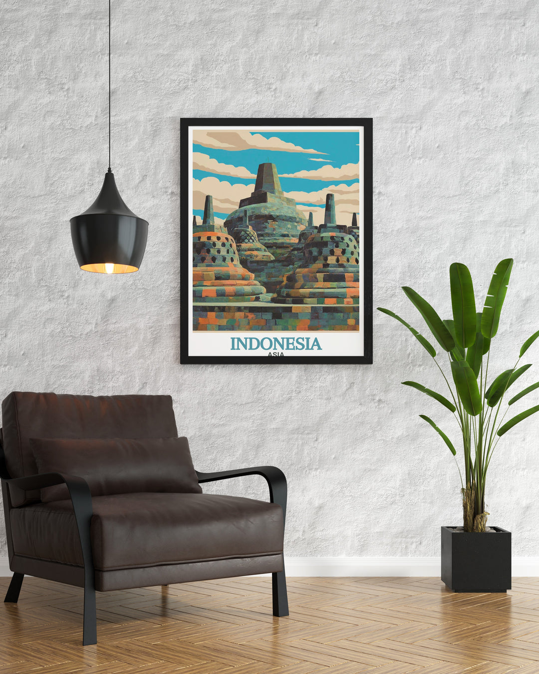 Experience the timeless serenity of Borobudur Temple paired with Balis cultural vibrancy in this art print. The perfect combination for anyone looking to add a piece of Indonesian history and beauty to their home or office décor.