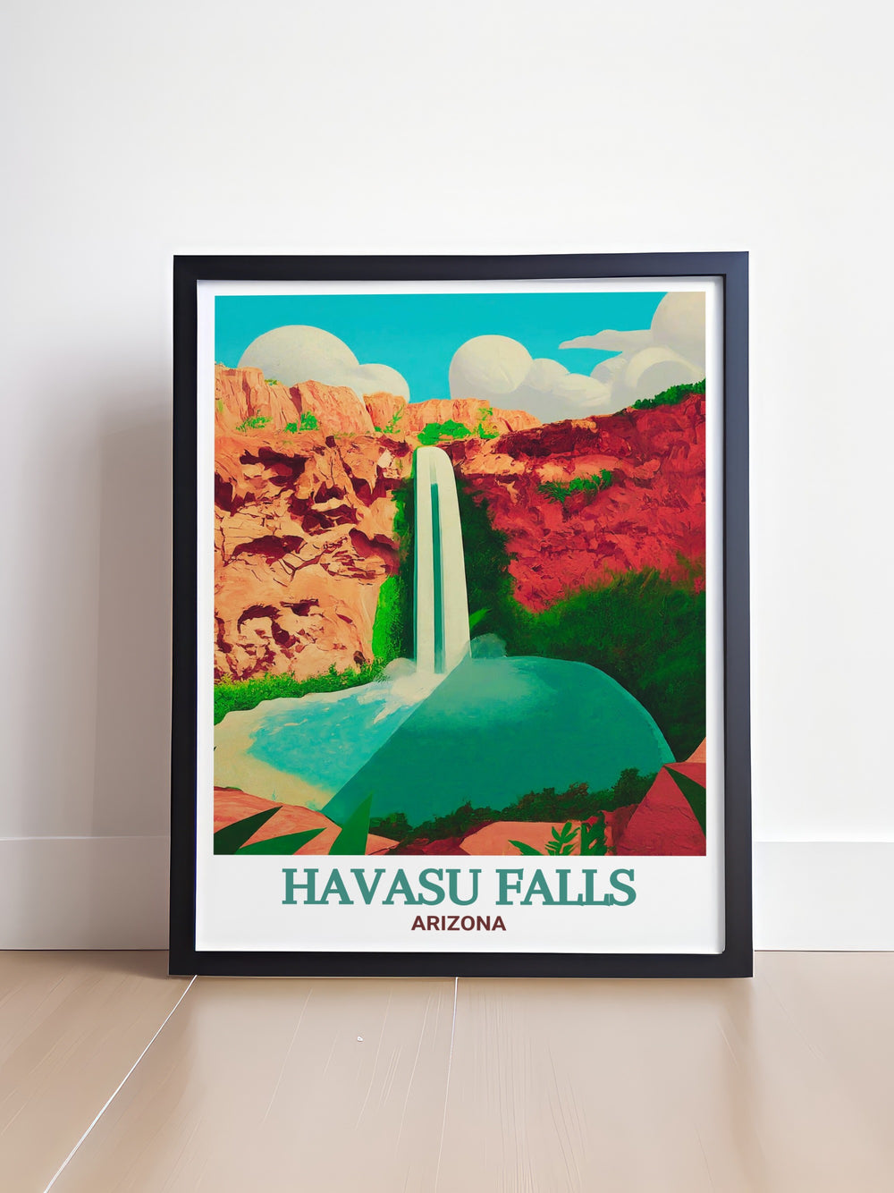 A vintage style Arizona poster that showcases Mooney Falls in all its natural beauty, with a focus on the dramatic waterfall and the serene pool below. Perfect for lovers of the American Southwest.