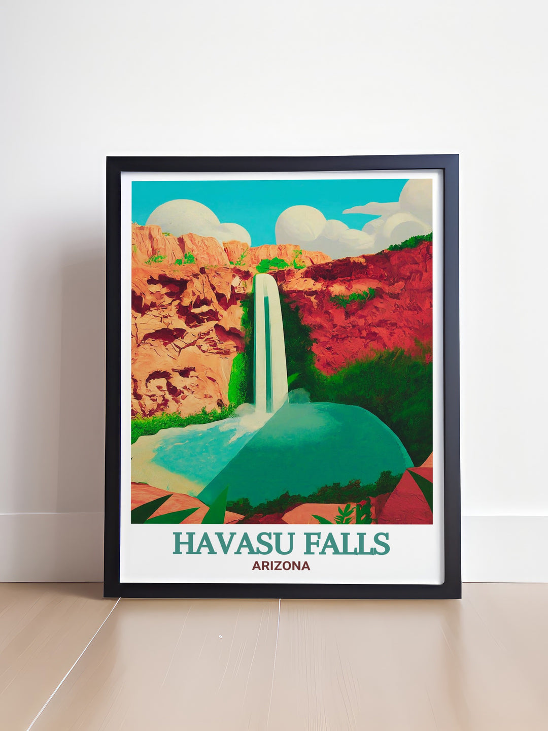 A vintage style Arizona poster that showcases Mooney Falls in all its natural beauty, with a focus on the dramatic waterfall and the serene pool below. Perfect for lovers of the American Southwest.