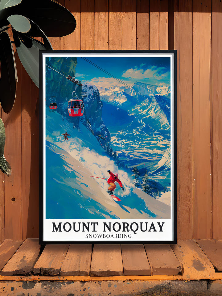 Mount Norquay Snowboarding Wall Print portrays the excitement of snowboarding at Mount Norquay, with the stunning Canadian Rockies providing a breathtaking backdrop. This piece is perfect for those who live for the thrill of the slopes.